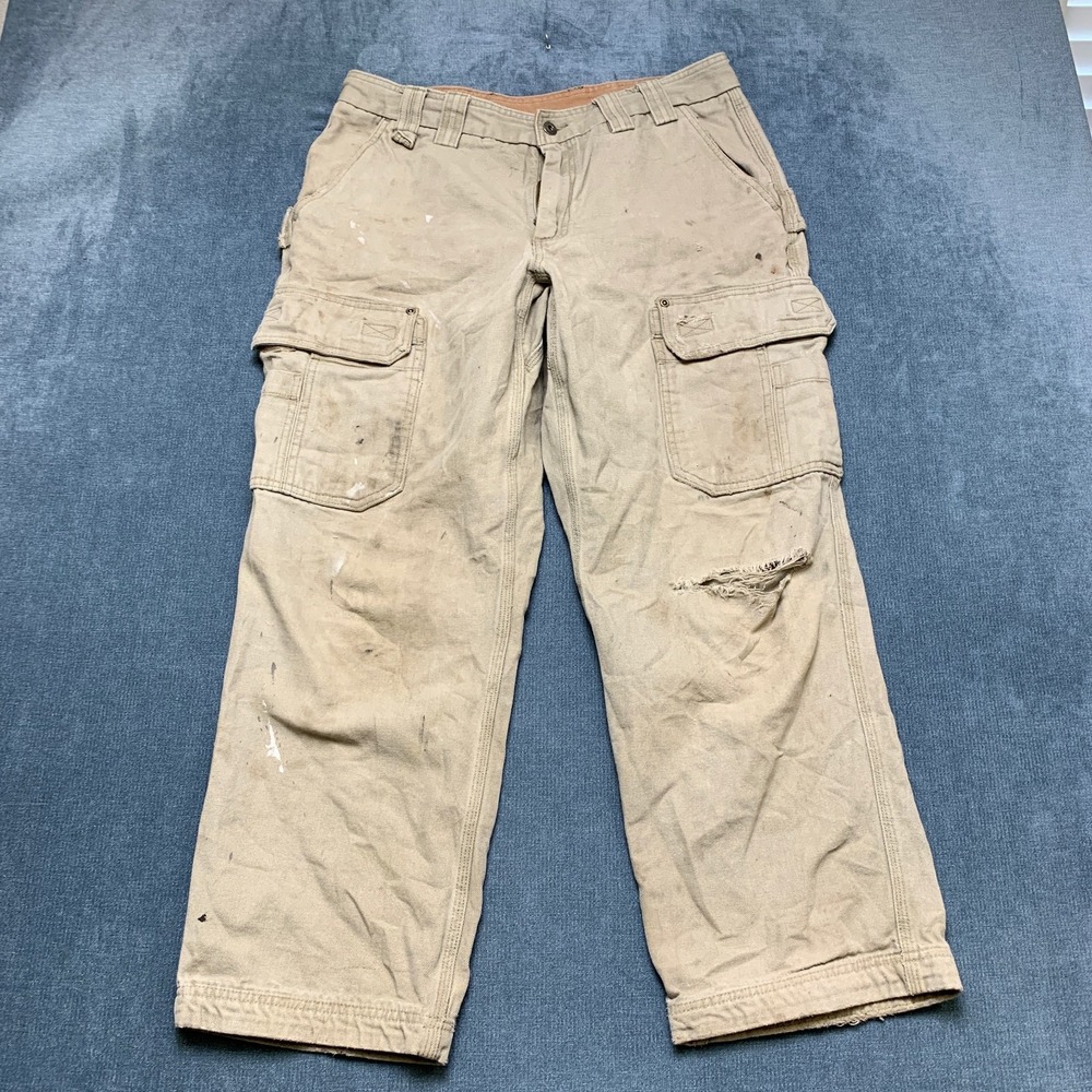 Duluth Trading Co Cargo Pants Mens 36x32 Beige Relaxed Fit Distressed Workwear